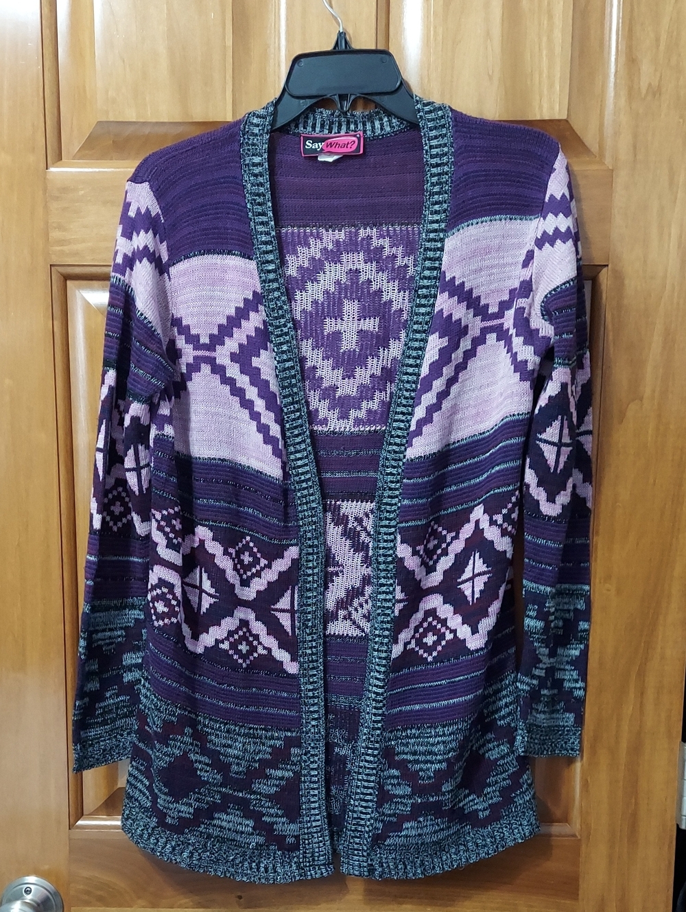 Say What? Purple Southwestern Geometric Open-Front Women's Cardigan Size Large▪︎